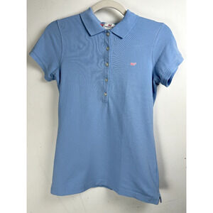 Vineyard Vines Baby Blue Short Sleeve Pink Whale Logo 1/2 Button Up Preppy Polo